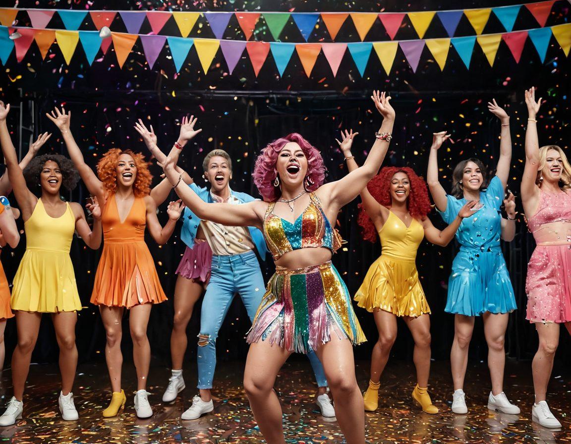 A vibrant celebration scene showcasing a diverse group of transgender entertainers on stage, joyfully performing with colorful costumes and expressive dance moves. The background is filled with confetti, rainbow flags, and an excited audience clapping and cheering. The atmosphere is lively and inclusive, radiating happiness and acceptance. super-realistic. vibrant colors. 3D.