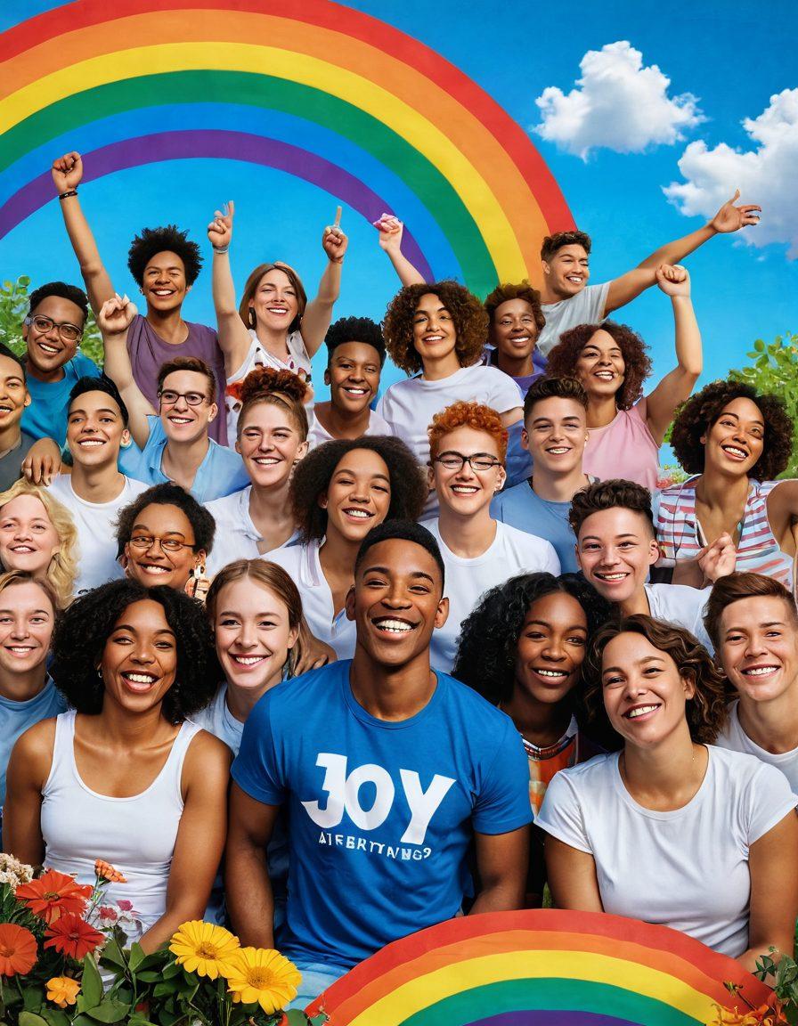 A vibrant, colorful mural depicting a diverse group of LGBTQ+ individuals joyfully celebrating together in a sunny park, surrounded by rainbow flags and flowers. Include representations of various identities and expressions, showcasing love and unity. The background should feature a bright blue sky and fluffy clouds, with the word 'Joy' artistically integrated into the scene. super-realistic. vibrant colors. white background.
